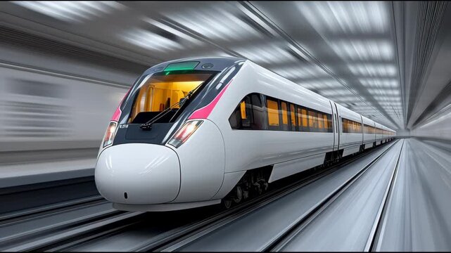 High-speed train gliding through a modern tunnel, showcasing sleek design and dynamic motion, with a gradual zoom in capturing the essence of speed and innovation in transportation