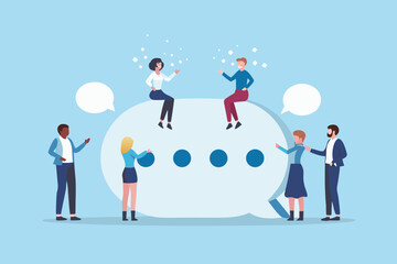 Diverse group of people communicating and sharing ideas around a large speech bubble