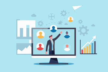 Businessman presenting to diverse team members on computer screen with growth charts and gears