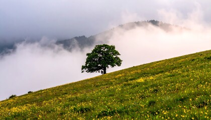 Fototapeta premium Solitary tree stands on a sloping, flower-filled meadow, against a backdrop of fog-shrouded hills