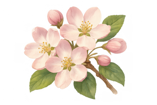 Apple blossoms blooming on a branch with green leaves and pink buds, vintage botanical illustration of spring - Powered by Adobe