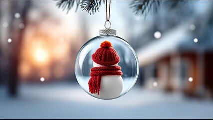 Charming snowman ornament with red scarf and hat, suspended in glass bauble, captured in a serene winter setting, as camera gradually zooms in to highlight festive details and ambiance - Powered by Adobe