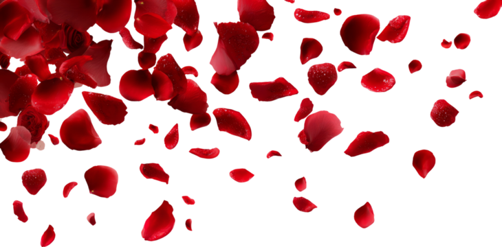 Red rose petals falling, romantic and elegant, isolated on transparent background