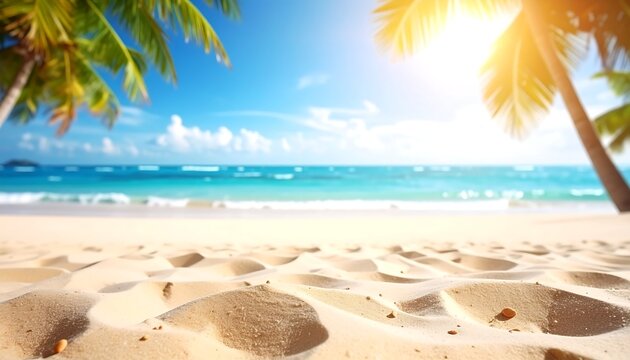 Sunny beach scene with palm trees framing the bright ocean and sandy foreground