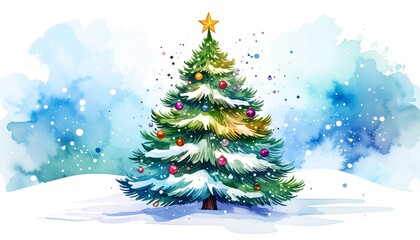 Obraz premium Stylized watercolor illustration of a decorated Christmas tree against a snowy, light blue background