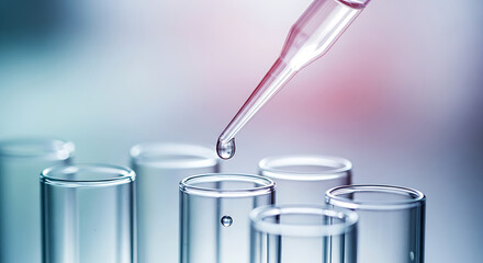 Laboratory research dropper dispenses clear fluid into multiple test tubes for chemical analysis and discovery