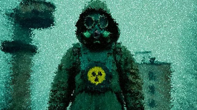 Hazmat Suit Survivor with Radiation Symbol Standing in Contaminated Industrial Zone Surrounded by Ruined Buildings, Animation Made of Cubes
