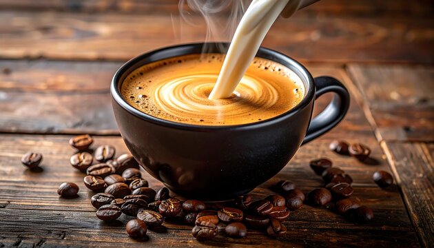 Stream of milk pouring into coffee in a black mug, with coffee beans scattered on dark, weathered wooden surface