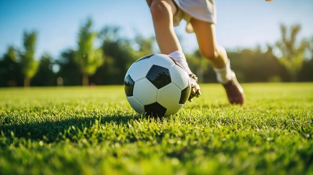 Youth Soccer Player Kicking Ball on Grass.