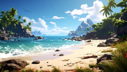 Sunny beach view with turquoise waters, palm trees, rocks, & distant mountains under a cloudy blue sky