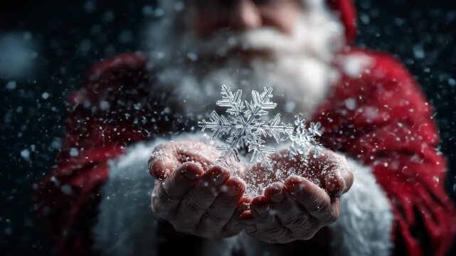 Santa Claus holding delicate crystal snowflake in hands under falling snow symbolizing magic wonder and winter spirit