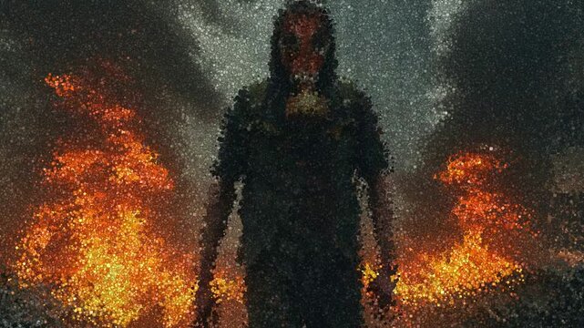 Person in Gas Mask and Backpack Walking Through Burning Urban Street Surrounded by Smoke and Destroyed Vehicles, Animation Made of Cubes