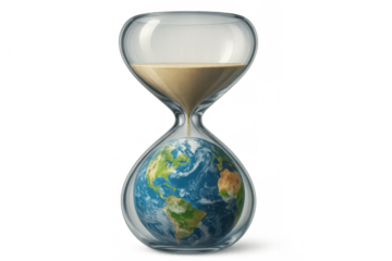 Earth hourglass showing climate change concept, sand running out of time, environmental deadline, global warming countdown