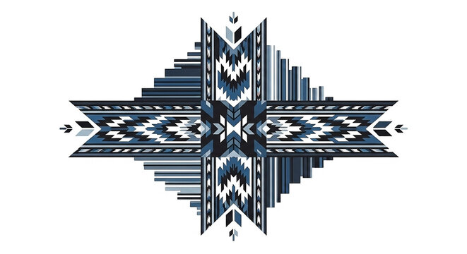 Intricate Native American inspired geometric pattern in cool blue and black tones on a white