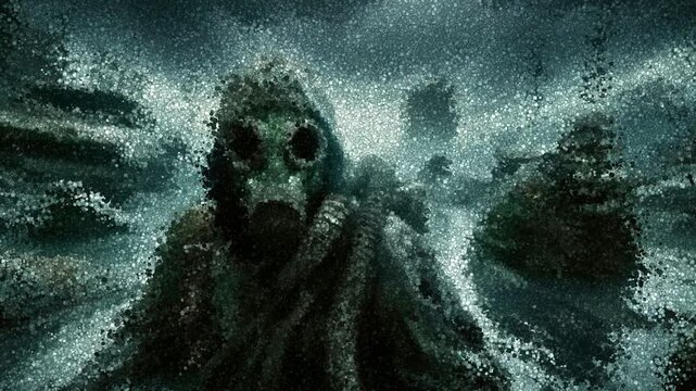 Two Individuals in Gas Masks and Protective Suits Wading Through Flooded Urban Ruins Under Dark Contaminated Sky, Animation Made of Cubes