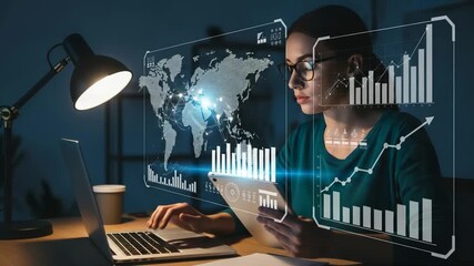 Woman analyzing global data and financial charts on futuristic interface - Powered by Adobe