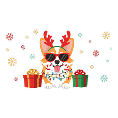 Adorable corgi dog celebrating Christmas, wearing funny reindeer antlers and cool sunglasses, festive holiday illustration