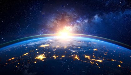 Obraz premium Space view of Earth at sunrise, with glowing cities and the Milky Way shining in the background