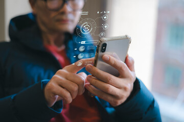 person using smartphone for online shopping with digital interface showing discounts, super sale, and e-commerce icons. Great for technology, mobile shopping digital marketing content.