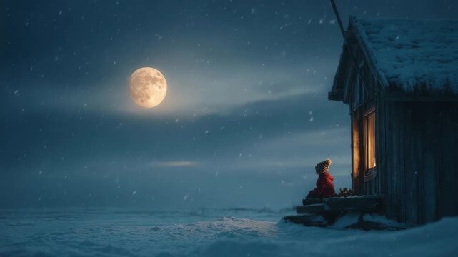 Child sitting outside wooden cabin watching full moon in peaceful snowy night warm light glowing from window winter scene
