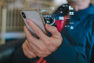 person using smartphone for online shopping with digital interface showing discounts, super sale, and e-commerce icons. Great for technology, mobile shopping digital marketing content.