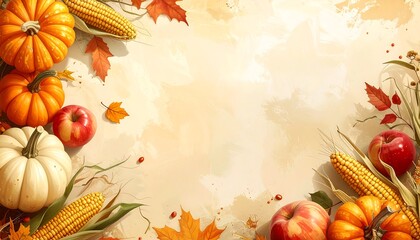 Autumn Harvest Watercolor Illustration with Pumpkins, Corn, and Apples.