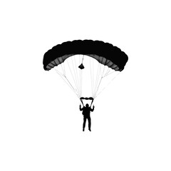 Skydiver silhouette with parachute, black vector illustration of a person descending, extreme sport activity