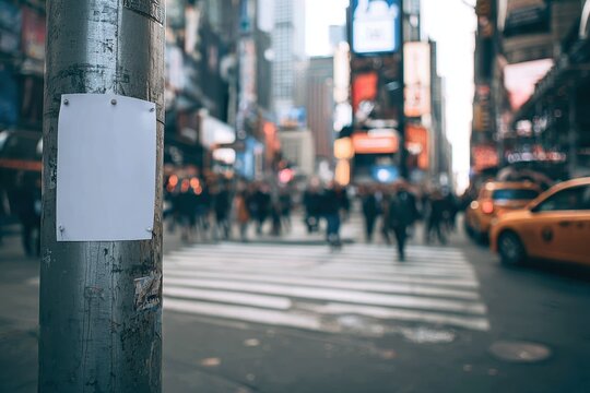 Busy street in Times Square NYC, blank square poster on lamppost, blurred motion of people walking, taxis, neon signs, soft sunlight, clean urban photography aesthetic
