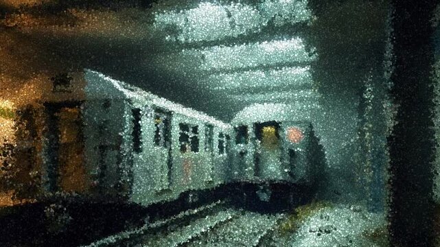 Abandoned Subway Station with Collapsed Roof and Rusted Trains Surrounded by Debris and Overgrown Vegetation, Animation Made of Cubes