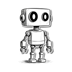 Charming cartoon robot character illustration, simple design, black and white style, cute technology concept