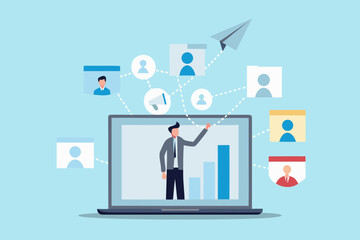 Business professional presenting a growth chart on a laptop screen connecting to a network of people and communication icons