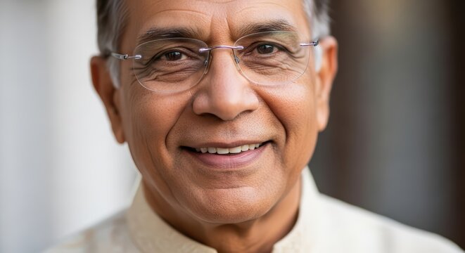 Elderly asian male smiling with glasses in traditional attire outdoors