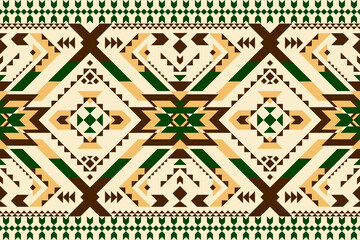 A traditional textile pattern in beige, brown, green, featuring geometric diamond and floral motifs arranged in symmetrical horizontal rows with intricate details. Geometric seamless vector pattern.