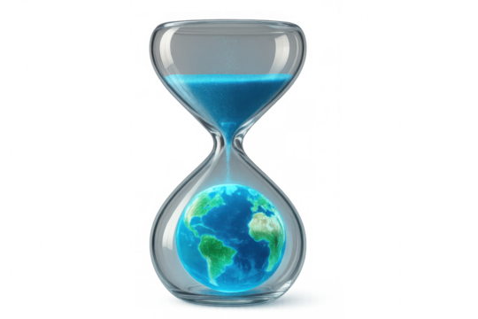Hourglass with earth globe symbolizing climate change urgency, environmental deadline, and global warming ticking time concept