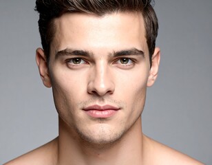 Fototapeta premium Close-up of a young man with dark hair, light skin, and piercing green eyes