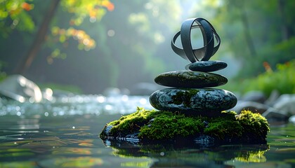 Stacked stones with sculpture on mossy rock in a stream amidst lush greenery, sunlight dappling through trees