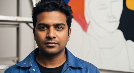 Young adult male artist in studio with unfinished canvas in background