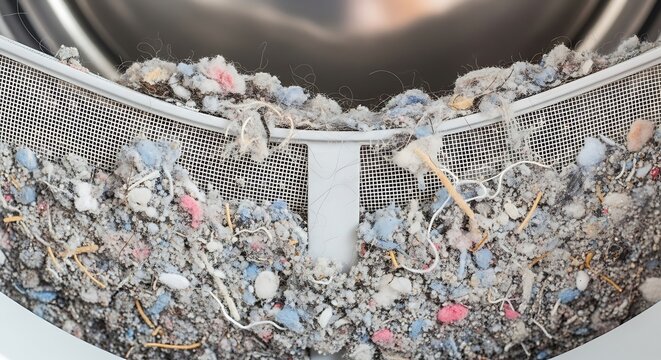 Close up of lint trap full of clothes and debris after drying cycle.