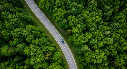 A winding road through a dense forest with a car driving on it. The vibrant green of the trees is a captivating sight.
