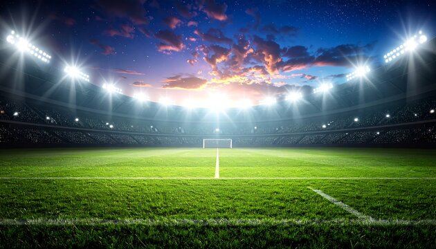 Stadium at twilight, with vibrant green pitch, bright lights, and a colorful sunset sky
