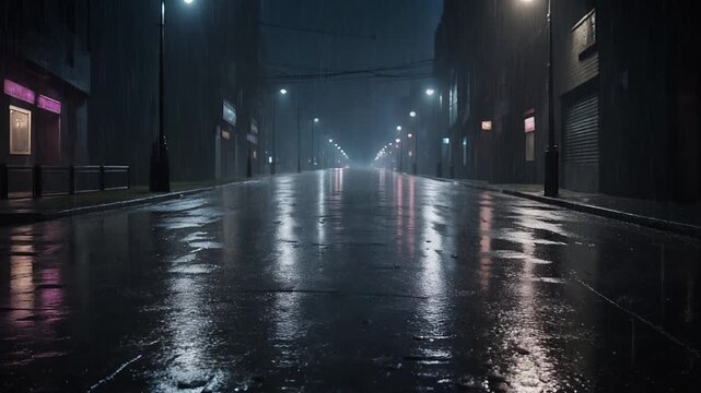 Moody night scene with rain, reflections, and dark atmosphere exuding calm and melancholy 