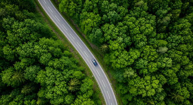 A winding road through a dense forest with a car driving on it. The vibrant green of the trees is a captivating sight. 
