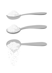 
Sugar spoon set full of powdered crystals of salt or sugar. Teaspoon side view with cooking and baking ingredients need for drinks coffee or tea stock illustration.