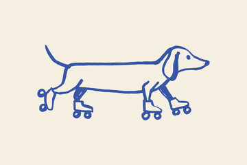 Obraz na płótnie Canvas Dachshund on roller skates, naive doodle line art vector illustration