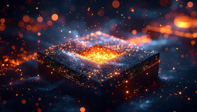 Sparkling cube, center glow. Soft focus, blurry background with orange bokeh lights in a dark, misty environment