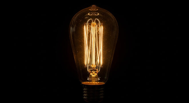 Vintage edison light bulb glowing on black background stock photo image