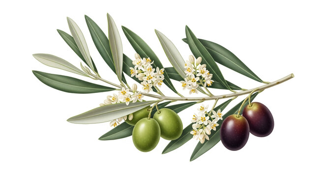 Olive branch with green and black olives illustration for food and health