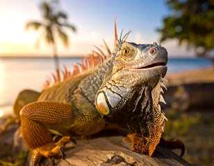Fototapeta premium Close-up of an iguana basking on wood near a tropical beach during golden hour