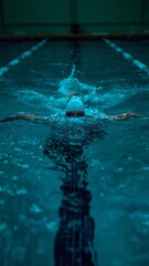 Professional Swimmer Performing Freestyle Stroke in Indoor Pool with Calming Green Light