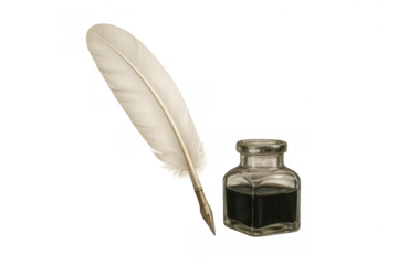 Quill and inkwell representing history, literature, writing, and stories, with a transparent background